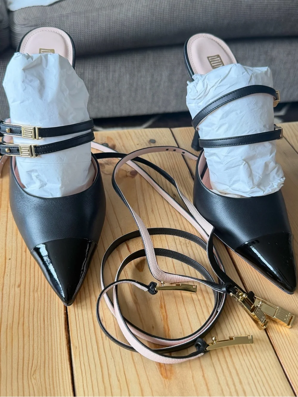 Black Pointed Leather Mule Heels with Double Strap and Gold Accent